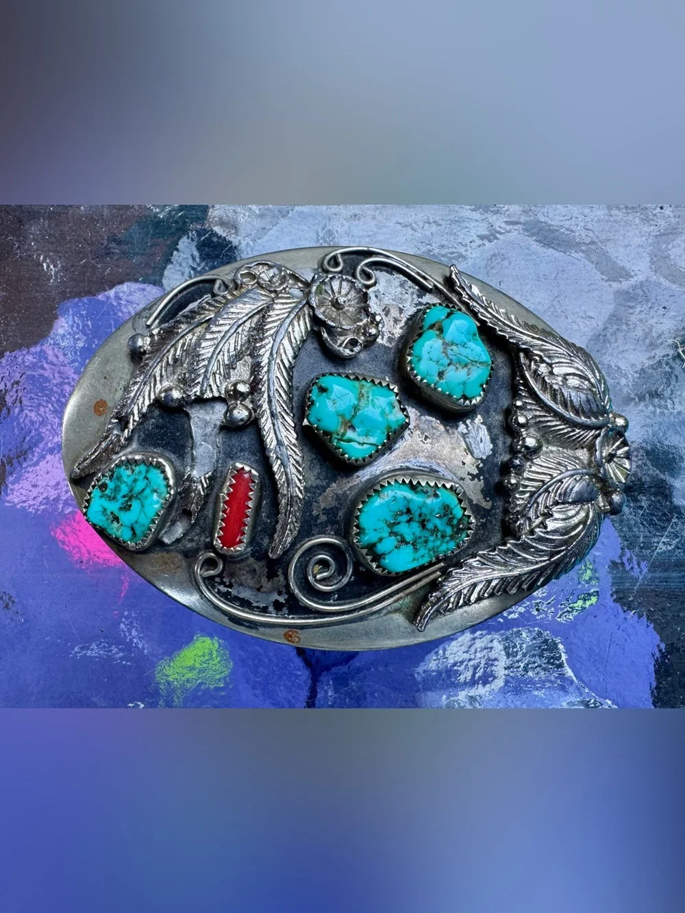 Vintage Turquoise and Coral Sterling Silver Southwestern Belt Buckle